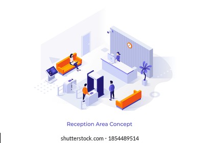 Conceptual template with people at lobby room. Scene for furniture, security tools and equipment for reception area, entrance hall, public place or location. Modern isometric vector illustration.