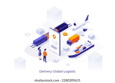 Conceptual template with people looking at box on smartphone screen, aircraft, train, ship, truck. Scene for multimodal transportation of goods. Modern isometric vector illustration for website.