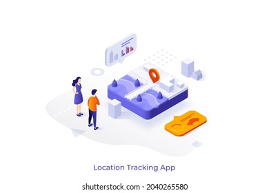 Conceptual template with people looking at city map with buildings. Scene for application for sharing real time location, street navigation. Modern isometric vector illustration for webpage.