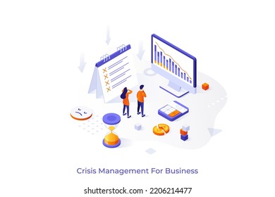 Conceptual template with people looking at descending charts. Scene for guide to crisis management for business, search for resolution of financial problem. Modern isometric vector illustration.