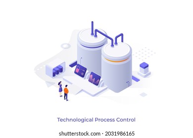 Conceptual template with people looking at displays with indicators connected to tanks or cisterns. Scene for technological process monitoring. Modern isometric vector illustration for webpage.