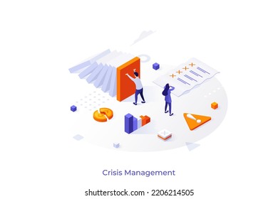 Conceptual template with people looking at falling dominos and documents. Scene for managing company financial crisis, solving business problems. Modern isometric vector illustration for website.