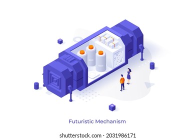 Conceptual template with people looking at hi-tech industrial facility with cut out. Scene for futuristic mechanism, innovative equipment or hardware. Isometric vector illustration for webpage.