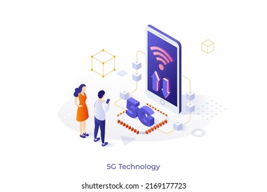 Conceptual Template With People Looking At Phone With Wifi Signal On Screen. Scene For 5G Technology Standard For Mobile Devices, Broadband Internet Access. Modern Isometric Vector Illustration.