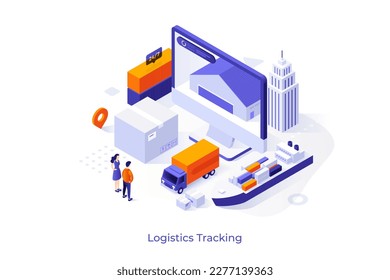 Conceptual template with people looking at warehouse on computer screen, truck, cargo ship, containers. Scene for tracking of international transportation of goods. Isometric vector illustration.