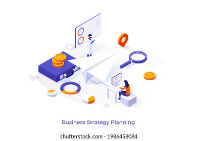 Conceptual template with people preparing giant paper plane for launch, briefcase, money, diagrams. Scene for business strategy planning, project management. Modern isometric vector illustration.