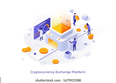 Conceptual Template With People Putting Crypto Coins On Belt Conveyor. Cryptocurrency Exchange Platform Or Market. Modern Isometric Vector Illustration For Advertisement, Promotion, Website.