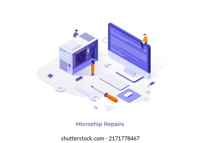 Plantilla conceptual con personas que preparan un circuito integrado o microchip dentro de la unidad del sistema. Escena para el mantenimiento de hardware de computadora o microprocesador. Isometric vector ilustración para la página web.