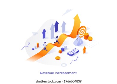 Conceptual template with people running along ascending arrow chart and money. Increase in revenue scene, profit growth, business development. Modern isometric vector illustration for website.