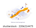 Conceptual template with people running on arrow bridge over chasm. Scene for effective crisis management, route to business problem solution. Modern isometric vector illustration for webpage.