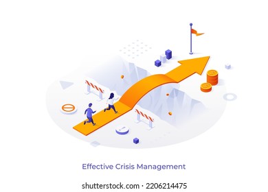 Conceptual template with people running on arrow bridge over chasm. Scene for effective crisis management, route to business problem solution. Modern isometric vector illustration for webpage.