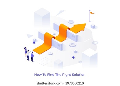 Conceptual template with people standing at arrow laid over barriers and leading to finish. Scene for search for right solution, business problem solving. Modern isometric vector illustration.