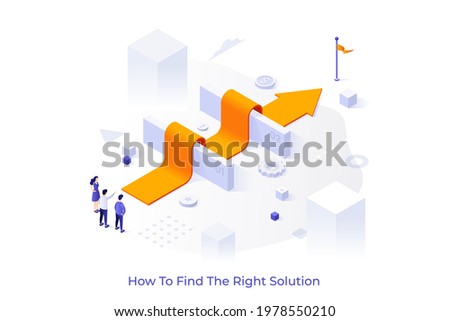 Conceptual template with people standing at arrow laid over barriers and leading to finish. Scene for search for right solution, business problem solving. Modern isometric vector illustration.