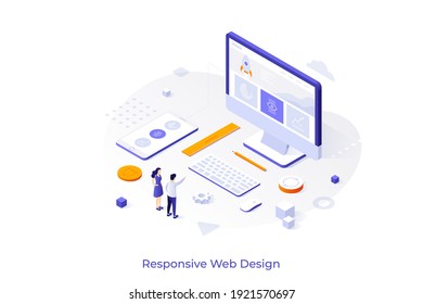 Conceptual template with people standing at computer and smartphone. Scene for responsive or adaptive web design, website versions for desktop and mobile devices. Isometric vector illustration.