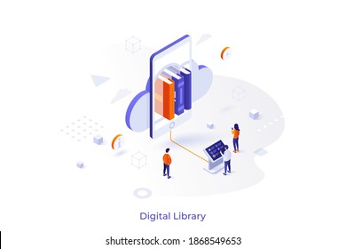 Conceptual template with people standing at control panel in front of cloud and smartphone with books inside. Scene for digital library, electronic bookshelf. Modern isometric vector illustration.