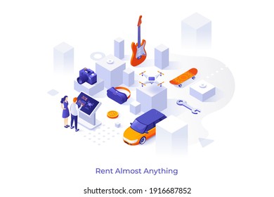 Conceptual template with people standing at control panel and choosing property to rent or hire. Scene for online rental or leasing service. Modern isometric vector illustration for website.