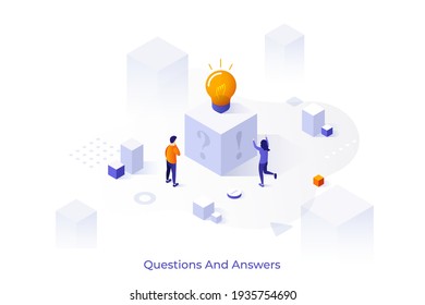 Conceptual Template With People Standing At Cube With Glowing Lightbulb On Top. Scene For Answered Question, Solved Problem, Finding Innovative Idea. Isometric Vector Illustration For Website.