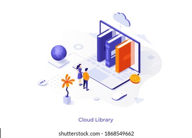 Conceptual template with people standing in front of laptop and books. Scene for cloud library, global internet service for textbooks storage, electronic bookshelf. Isometric vector illustration.