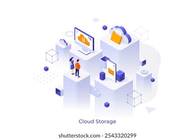 Plantilla conceptual con personas de pie en plataformas cúbicas y mirando la computadora, el teléfono inteligente y la carpeta de documentos. Escena para la tecnología de almacenamiento de datos en la nube. Ilustración vectorial isométrica moderna.