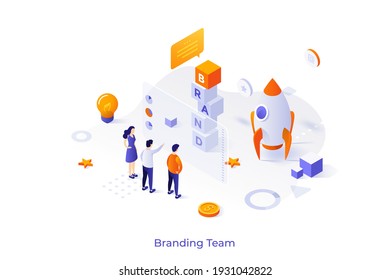 Conceptual template with people standing at screen and spacecraft. Scene for branding team, brand managers working on business project launch. Modern isometric vector illustration for website.