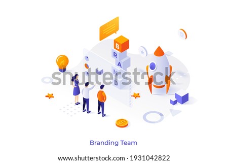 Conceptual template with people standing at screen and spacecraft. Scene for branding team, brand managers working on business project launch. Modern isometric vector illustration for website.
