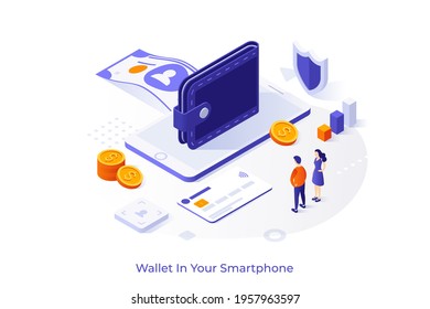 Conceptual template with people standing at smartphone with wallet and money on top. Scene for mobile banking application for electronic payment. Modern isometric vector illustration for website.