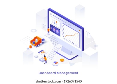 Conceptual template with people using screen of giant computer for business project planning. Scene for dashboard management, effective scheduling. Modern isometric vector illustration for website.