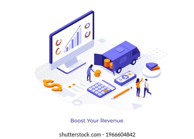 Plantilla conceptual con personas, camioneta llena de monedas y gráfico de progreso en pantalla de computadora. Escenario para el aumento de los ingresos, el aumento de las finanzas de las empresas, el crecimiento de las ganancias. Ilustración vectorial isométrica moderna.