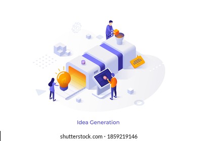 Konzeptvorlage mit Leuten, die am Förderband mit Glühbirne arbeiten. Szene für innovative Ideenerzeugung, Produktion von technologischer Innovation. Isometrische Vektorgrafik für Website.