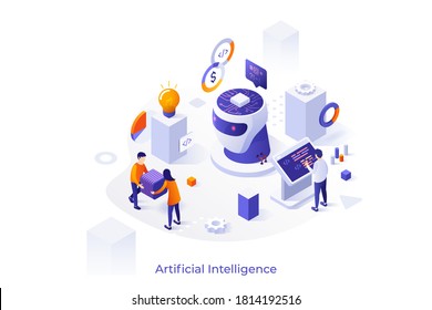 Conceptual template with people working in lab and programming microchip placed inside robot's head. Concept of scientific research in AI technology, machine learning. Isometric vector illustration.