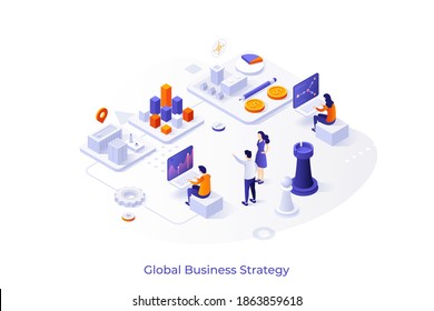 Conceptual template with people working on laptop computers, diagrams, chess pieces. Scene for global business strategy, strategic development of company. Modern isometric vector illustration.