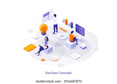 Conceptual template with people working on computers, programming or developing software. Scene for devops, system development, information technology startup. Modern isometric vector illustration.