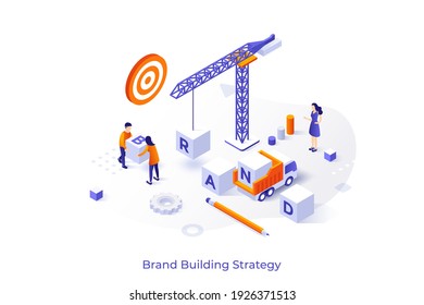 Conceptual template with people working on construction site and carrying cubes. Scene for effective brand building strategies. Modern isometric vector illustration for internet service promo.