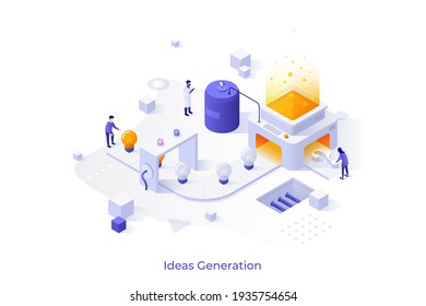 Conceptual template with people working on conveyor belt with lightbulbs and question mark on it. Scene for innovative idea generation, problem solving. Modern flat vector illustration for website.