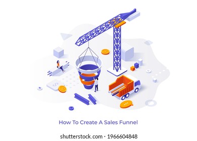 Conceptual template with people working on construction site, crane, truck. Scene for sales or purchase funnel, marketing strategy creation or building. Isometric vector illustration for website.