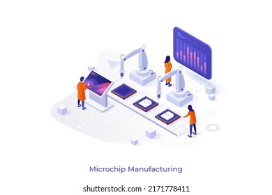 Conceptual template with people working on integrated circuits production. Scene for industrial manufacturing of microchips or microprocessors. Modern isometric vector illustration for website.