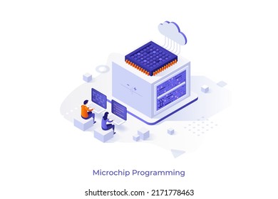 Conceptual Template With People Working On Computers Connected To Integrated Circuit And Cloud. Scene For Microchip Programming, Microcontroller Software Development. Isometric Vector Illustration.