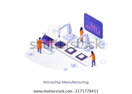 Conceptual template with people working on integrated circuits production. Scene for industrial manufacturing of microchips or microprocessors. Modern isometric vector illustration for website.