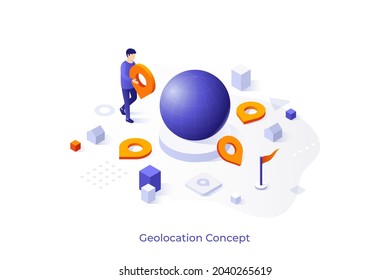 Conceptual template with person carrying location mark to globe or planet. Scene for application for search of geolocation, global navigation. Modern isometric vector illustration for website.