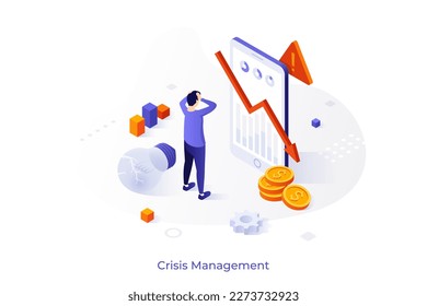 Conceptual template with person looking at descending graph on phone screen. Scene for creating anti crisis strategy, mobile application for business problem solving. Isometric vector illustration.