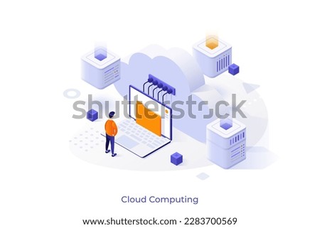 Conceptual template with person looking at document folder on laptop computer screen. Scene for cloud computing technology, online digital information storage. Modern isometric vector illustration.