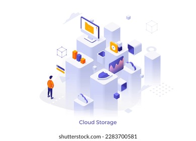 Konzeptvorlage mit Person, die Dateien, Diagramme und digitale Elemente auf Kubikspalten betrachtet. Suche nach Cloud-Speicherservice oder -Technologie. Moderne isometrische Vektorgrafik für Webseiten.