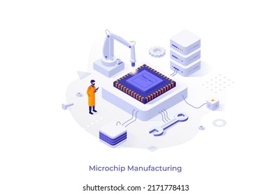 Conceptual template with person monitoring microchip production. Scene for industrial manufacturing of integrated circuits or microprocessors. Modern isometric vector illustration for webpage.