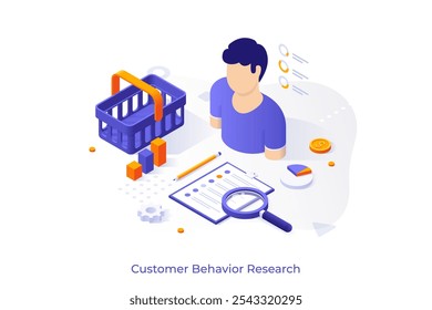 Modelo conceitual com pessoa, cesta de compras, lista de verificação, lupa, diagramas. Cena para dados estatísticos de clientes, pesquisa de hábitos de compra de consumidores. Ilustração de vetor isométrico para página da Web.