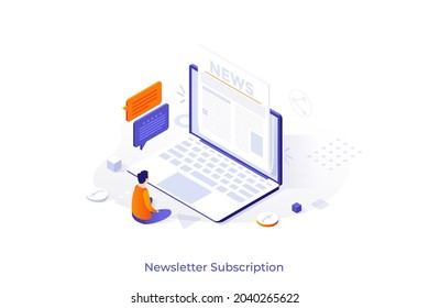 Conceptual template with person sitting in front of laptop computer and reading newspaper on screen. Scene for subscription to newsletter or news via email. Modern isometric vector illustration.