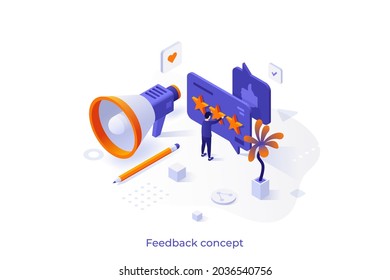 Conceptual template with person, speech bubble with golden stars and megaphone. Scene for customer feedback, positive user's review, quality ranking or rating score. Isometric vector illustration.