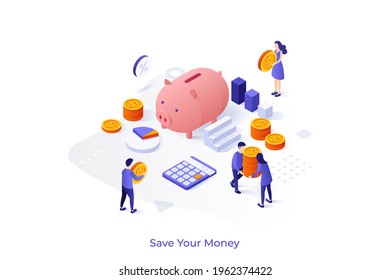 Conceptual template with piggy bank, people carrying dollar coins, calculator. Scene for bank deposit account for money saving and investment. Modern isometric vector illustration for webpage.