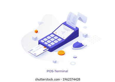 Conceptual template with POS terminal, bank card, receipt, coin, shield. Scene for point of sale, retail transaction, electronic payment service. Modern isometric vector illustration for website.