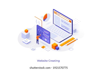 Conceptual template with programmer or coder creating webpage on giant laptop computer. Scene for internet tool for web development, online website builder. Modern isometric vector illustration.