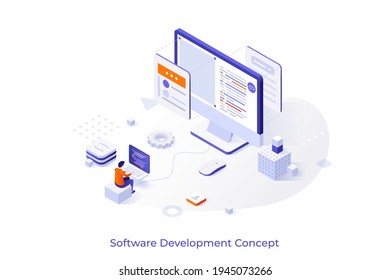 Conceptual template with programmer or coder working on computer. Scene for main stages of software development, front-end and back-end coding. Modern isometric vector illustration for website. - Shutterstock ID 1945073266